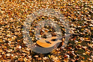 Autumn background with yellow leaves in the park and with a guitar