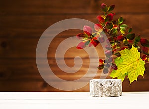 Autumn background with yellow and red leaves and with geometric podium or pedestal