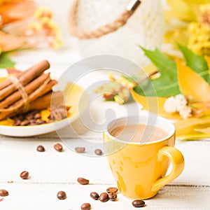 Autumn banner with cup of coffee with cinnamon on white wooden background with colorful tree leaves.