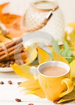 Autumn banner with cup of coffee with cinnamon on white wooden background with colorful tree leaves.