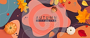 Autumn banner with leaves, rowanberries, pumpkin.