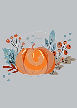 Autumn banner with pumpkin composition with colorful leaves, red berry. Perfect for web, banner, card and Thanksgiving