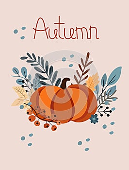 Autumn banner with pumpkin composition with colorful leaves, red berry. Perfect for web, banner, card and Thanksgiving