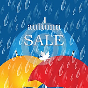 Autumn banner with raindrops and umbrellas