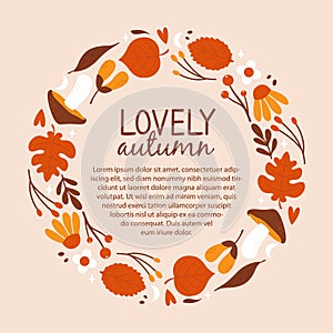 Autumn banner template with frame of cute illustrations with leaves, berries, flowers, stars, hearts, seeds, mushrooms.