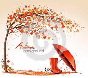 Autumn banners with trees and umbrella and rain boots.