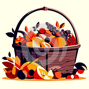 Autumn basket with fruit and vegetables. Vector illustration in cartoon style. generative AI