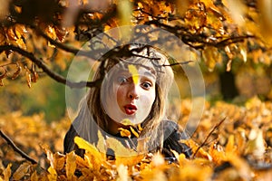 Autumn beauty playful woman portrait