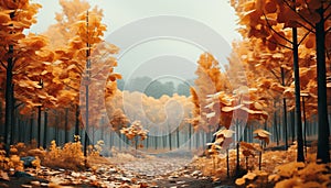 Autumn beauty yellow leaves, vibrant colors, tranquil meadow, sunset generated by AI