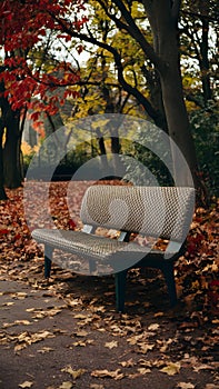 Autumn bench in park showcases textured surface amidst seasonal foliage