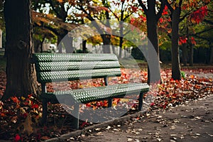 Autumn bench in park showcases textured surface amidst seasonal foliage