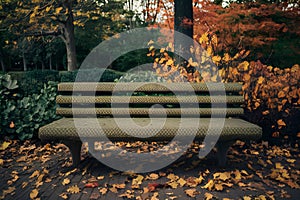 Autumn bench in park showcases textured surface amidst seasonal foliage