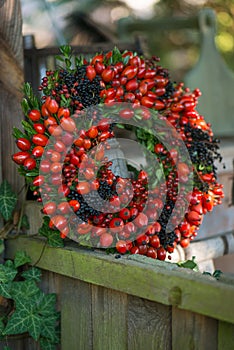 Autumn berry wreath on a garden arbor