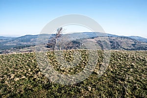 Autumn Beskid Slaski mountains from Ochodzita hill in Poland