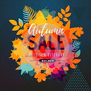 Autumn big sale watercolor poster with autumn leaves. Autumn background