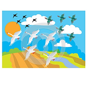 In autumn, birds fly to warm lands, schools, cartoon illustration, vector