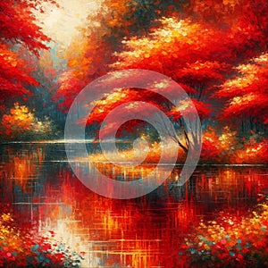 Autumn Bliss: Fiery Reds and Oranges Reflected on a Serene Lake, Nature Painting