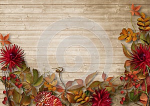 Autumn border on vintage wooden background