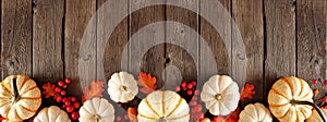 Autumn border of white pumpkins and red fall leaves over a rustic wood banner background