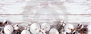 Autumn bottom border of white pumpkins and brown fall decor on a white wood background