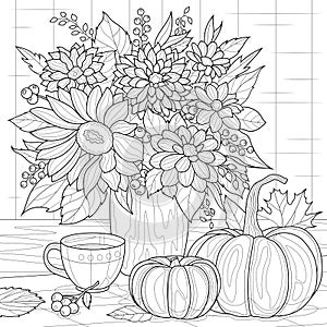 Autumn bouquet of flowers, pumpkins and tea.Coloring book antistress for children and adults.