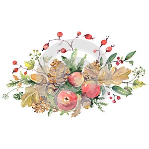 Autumn bouqut with leaves. Watercolor background illustration set. Isolated bouquets illustration element. photo