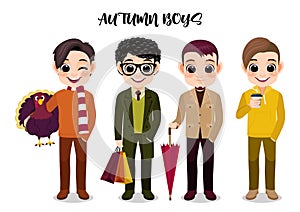 Autumn boy group cartoon character outdoor activities cartoon vector illustration