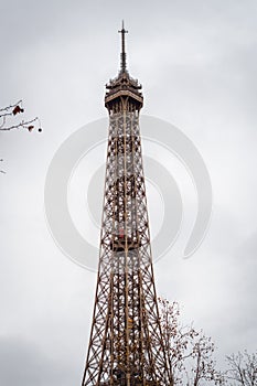 Autumn branches on the Eiffel Tower in Paris with its rising red elevator