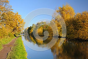 Autumn: Bridgewater canal perspective with water reflections