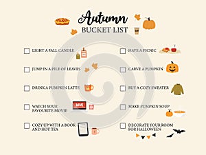 Autumn Bucker list. Fall to do list. Cute hand drawn illustrations doodles. Vector