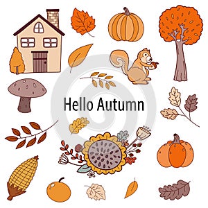 Autumn bundle of cozy design elements. Set of fall twigs with leaves, Foliage, Cottage, Pumpkins, Squirrel vector