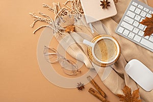 Autumn business concept. Top view photo of cup of frothy coffee rattan placemat planner computer mouse keyboard cinnamon sticks