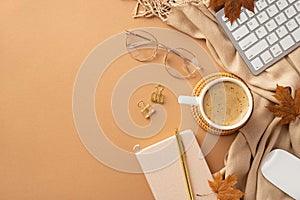 Autumn business concept. Top view photo of cup of hot drinking rattan serving mat reminder gold pen binder clips computer mouse