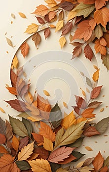 Autumn Calm Abstract with Falling Leaves in Circular Motion, Earthy Paper-Cut Layers photo