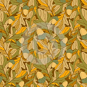 Autumn camouflage seamless pattern, brown, yellow, orange silhouettes of oak leaves, acorns. Contemporary hand drawn