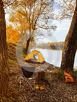 autumn camping site near lake