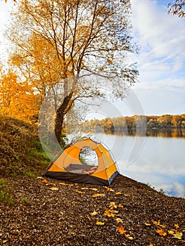 autumn camping site near lake