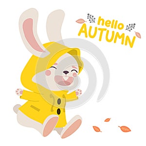 Autumn card with a cute bunny in a raincoat. Vector illustraton.