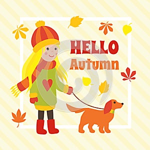 Autumn card with cute cartoon girl walking a dog