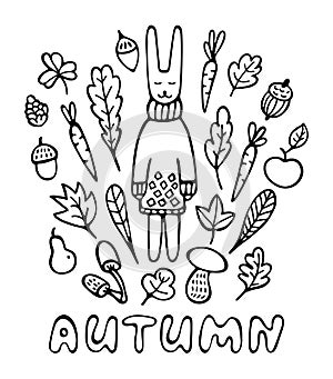 Autumn card. Hand drawn rabbit wearing knitted scarf surrounded by leaves, mushrooms, carrots, acorns, and fruits. Black and white