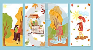 Autumn cards set, autumnal leaves and trees with loving cople, vector illustration. Vintage cards with girl under