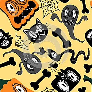 Autumn cartoon doodle print seamless Halloween pumpkins and ghost and cat and skulls and bones pattern