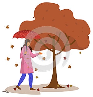 Autumn cartoon girl holding an umbrella, standing under broun tree, isolated on white background