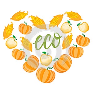 Autumn Cartoon Heart with orange vegetable and apple. Vector ilustration isolated on white background. Thanksgiving day
