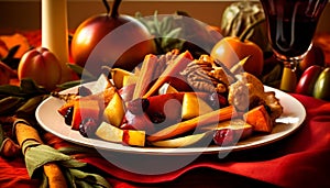 Autumn celebration gourmet buffet with fresh organic fruit and vegetables generated by AI