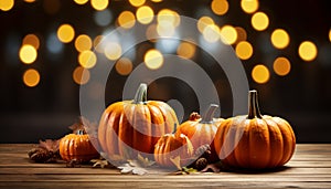 Autumn celebration pumpkin decoration, glowing candle, rustic table generated by AI