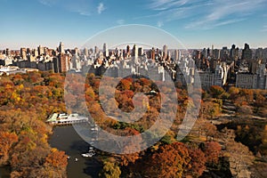 Autumn Central Park in New York with skyscrapers view from top. Aerial of NYC Central Park panorama in Autumn. Autumn in