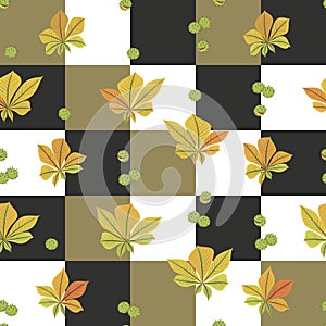 Autumn chestnut leaves, fruits. Square background. Autumn time. Seamless pattern.