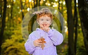 Autumn child with fall leaves. Little boy walking in park in warm autumn clothing. Outdoors game for kids. Smiling kid