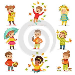 Autumn children s outdoor seasonal activities set. Collecting leaves, playing and throwing leaves, picking mushrooms